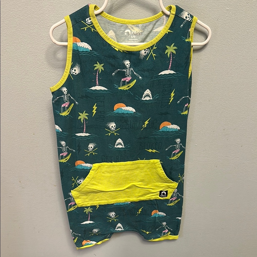 RAGS 5/6T Kids Sleeveless Shirt - Green with Yellow Accents